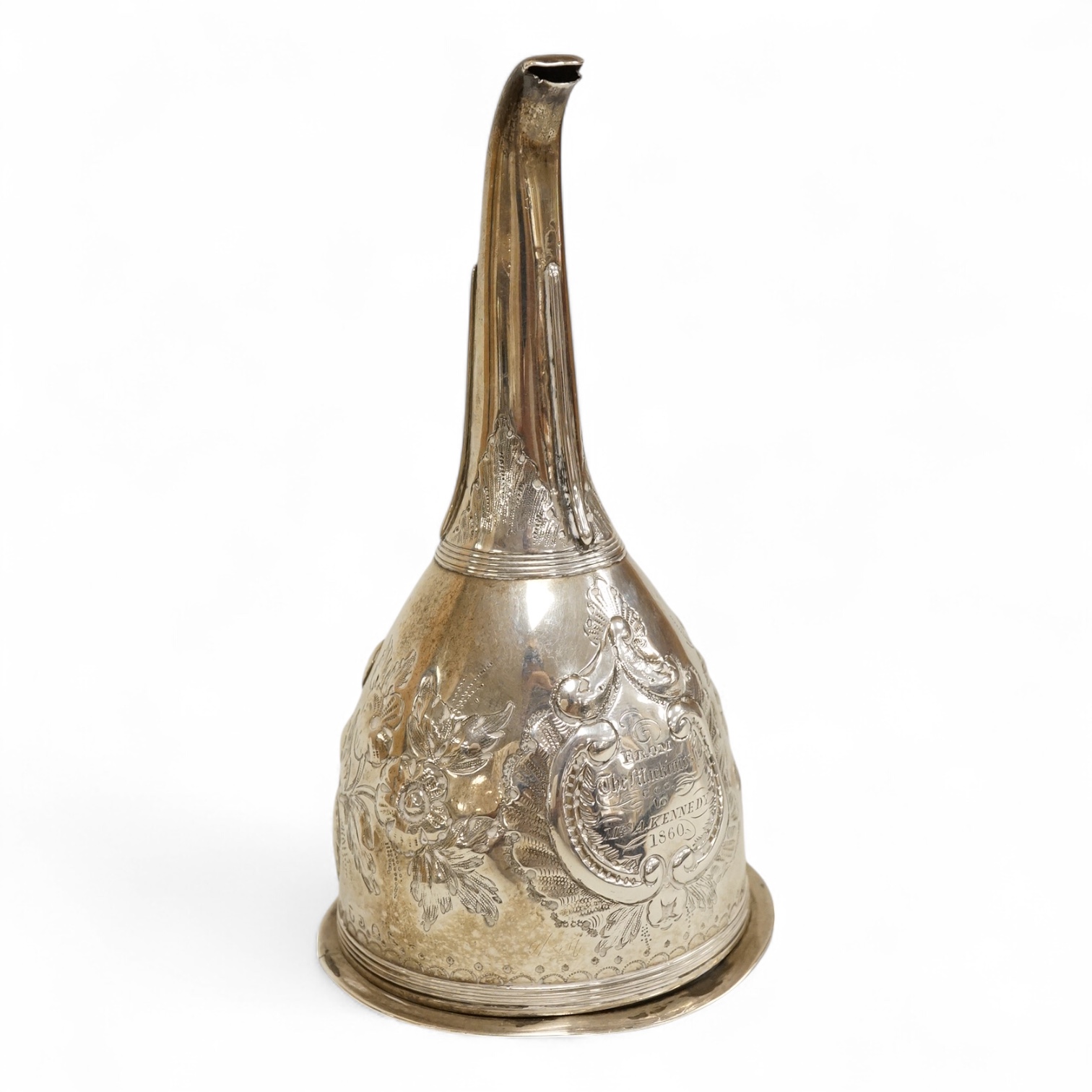 A George III silver wine funnel, with later embossed decoration and later engraved inscription, Crispin Fuller, London 1802, 13.4cm (a.f.).